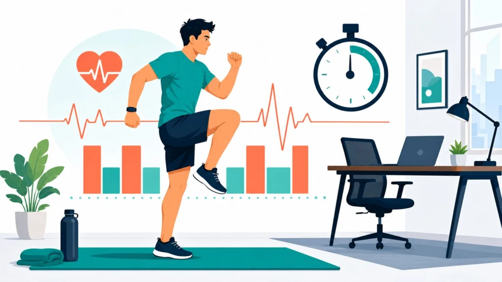 HIIT for Busy Professionals: Benefits, Safety, and a Practical Starter Plan 1 Illustration of a busy professional doing a short high-intensity interval workout beside a desk