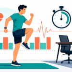 Illustration of a busy professional doing a short high-intensity interval workout beside a desk