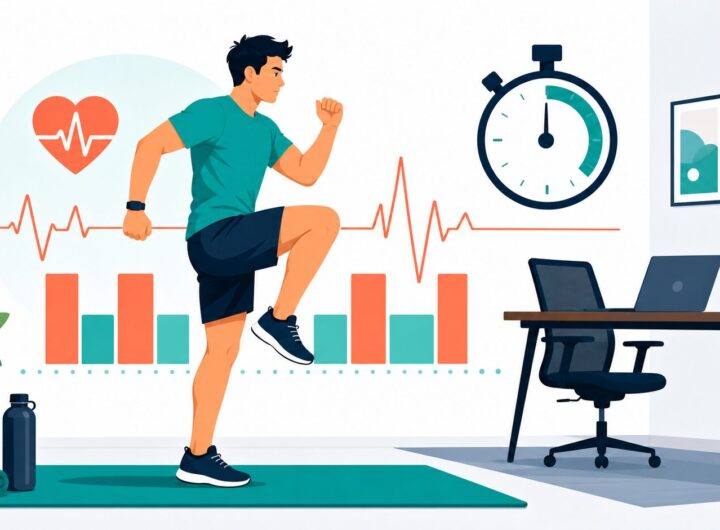 Illustration of a busy professional doing a short high-intensity interval workout beside a desk