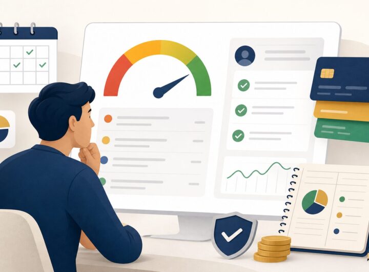 Illustration of a credit report, score gauge, and payment calendar for improving credit health