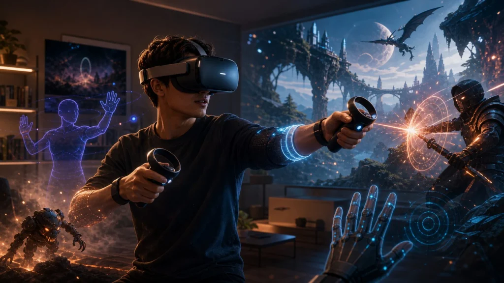 Virtual Reality Gaming: Latest Advancements, Hardware, and What Comes Next 1 Illustration of a player using a generic VR headset and controllers in an immersive gaming room