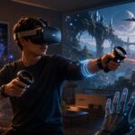 Illustration of a player using a generic VR headset and controllers in an immersive gaming room