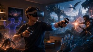 Virtual Reality Gaming: Latest Advancements, Hardware, and What Comes Next 3 Illustration of a player using a generic VR headset and controllers in an immersive gaming room