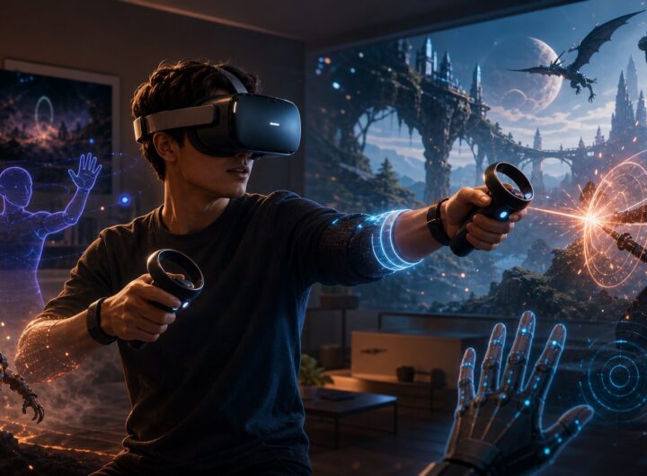 Illustration of a player using a generic VR headset and controllers in an immersive gaming room