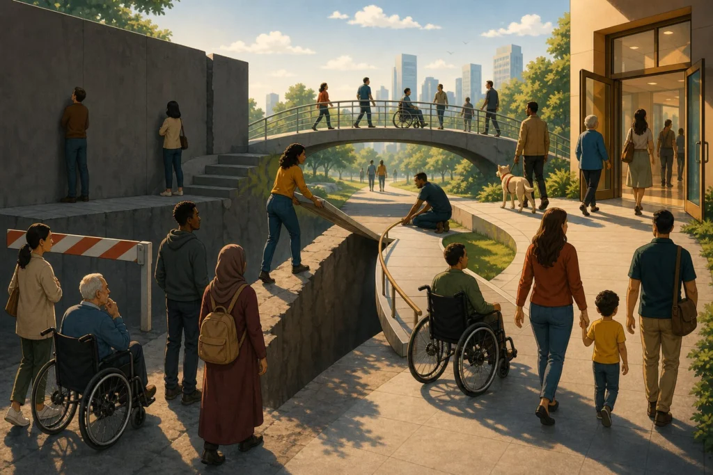 Discrimination Explained: Meaning, Types, Impact, and How to Respond 1 Illustration of diverse people crossing barriers toward equal access, dignity, and opportunity