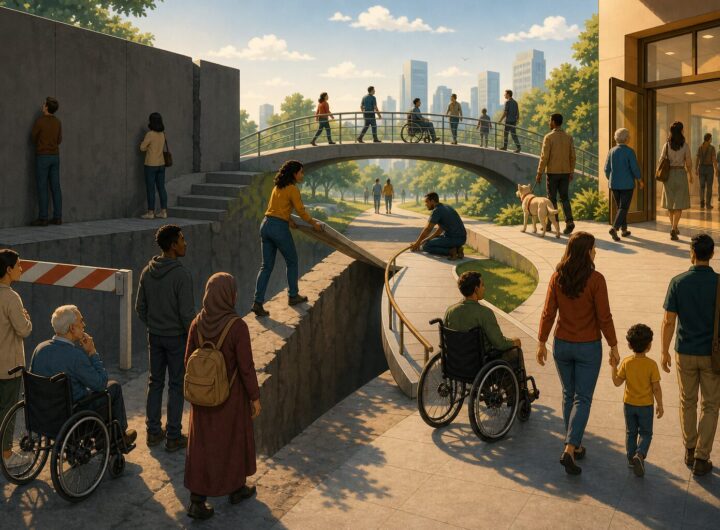 Illustration of diverse people crossing barriers toward equal access, dignity, and opportunity