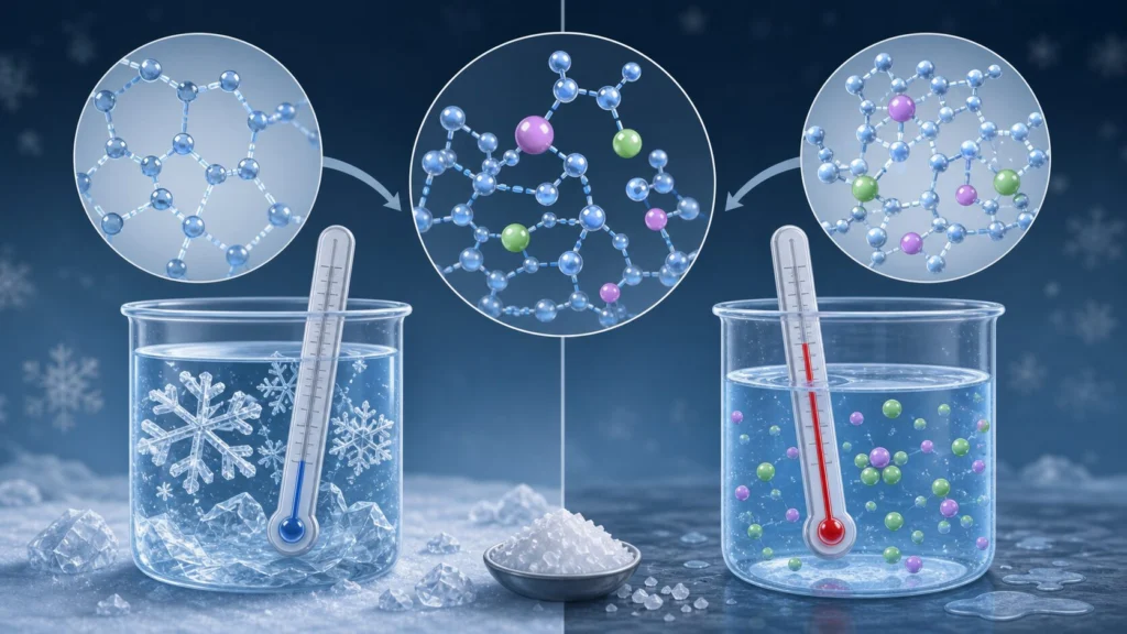 Freezing-Point Depression: Formula, Examples, and Real-Life Uses 1 Educational illustration of ice, salt particles, water molecules, and thermometers showing freezing-point depression