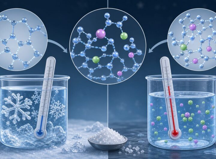 Freezing-Point Depression: Formula, Examples, and Real-Life Uses 13 Educational illustration of ice, salt particles, water molecules, and thermometers showing freezing-point depression
