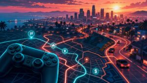 Illustration of an open-world game city map with a controller, streets, vehicles, and skyline