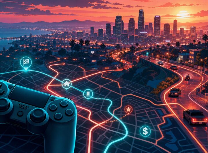 Illustration of an open-world game city map with a controller, streets, vehicles, and skyline