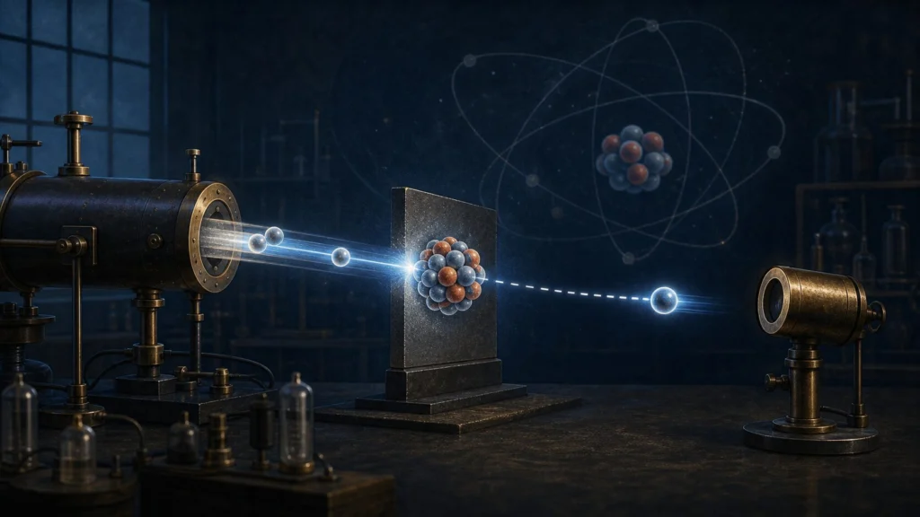 Who Discovered the Neutron? James Chadwick and the Atomic Breakthrough 1 Illustration of an early physics experiment showing a neutron path emerging from an atomic nucleus