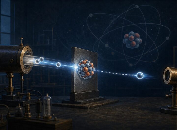 Who Discovered the Neutron? James Chadwick and the Atomic Breakthrough 14 Illustration of an early physics experiment showing a neutron path emerging from an atomic nucleus