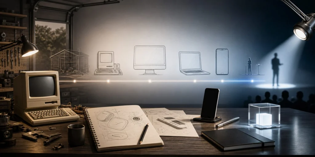 Steve Jobs: Biography, Apple Legacy, and Lessons for Innovators 1 Illustration of a minimalist technology design desk showing product evolution without logos or portraits