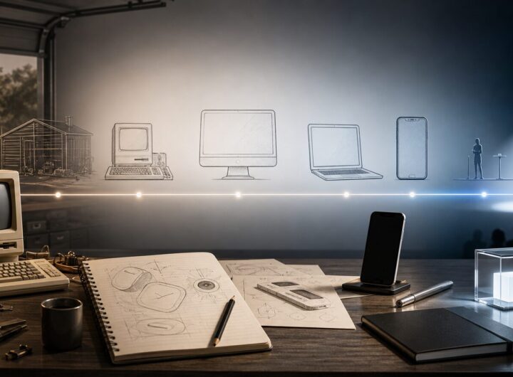 Steve Jobs: Biography, Apple Legacy, and Lessons for Innovators 15 Illustration of a minimalist technology design desk showing product evolution without logos or portraits
