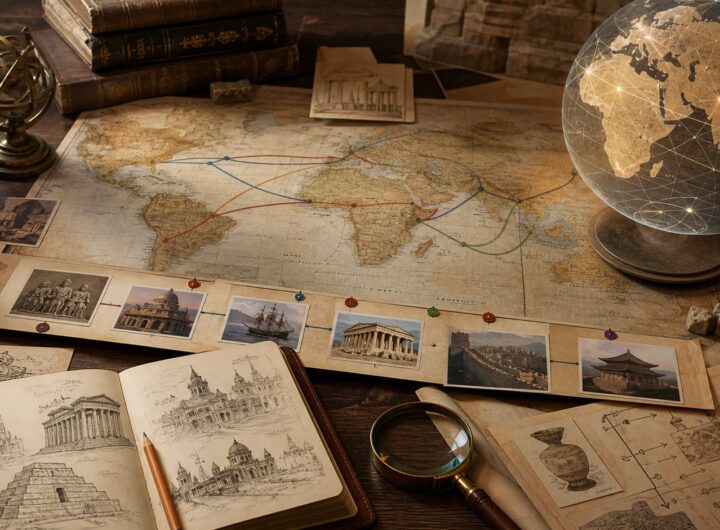 Historical maps timelines and artifacts arranged to show how world history connects events and evidence