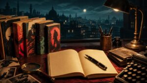 Illustration of a crime fiction writer desk with notebooks, mystery books, and a city-at-night backdrop