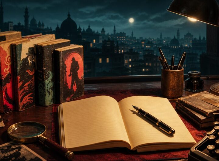Who Is Surender Mohan Pathak? Hindi Crime Fiction Author Guide 11 Illustration of a crime fiction writer desk with notebooks, mystery books, and a city-at-night backdrop