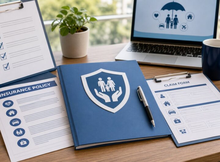Insurance policy documents with checklist for insurer details coverage claims and customer support