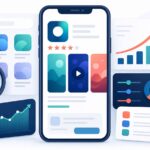 Illustration of a mobile app listing dashboard with search, screenshots, ratings, and analytics elements