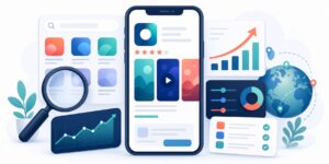 Illustration of a mobile app listing dashboard with search, screenshots, ratings, and analytics elements