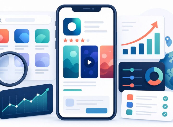 Illustration of a mobile app listing dashboard with search, screenshots, ratings, and analytics elements