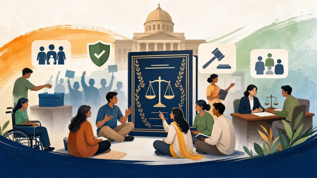 Indian Citizen Rights and Responsibilities: Essential Laws Every Citizen Should Know 1 Illustration of Indian citizens learning about rights, responsibilities, legal aid, and civic participation