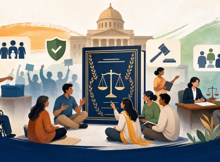 Indian Citizen Rights and Responsibilities: Essential Laws Every Citizen Should Know 4 Illustration of Indian citizens learning about rights, responsibilities, legal aid, and civic participation