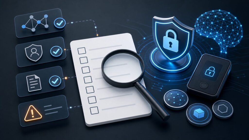 AI Crypto Tokens: Risks, Scams, and What to Check Before Investing 2 Illustration of an AI crypto token safety checklist with wallet security and verification symbols