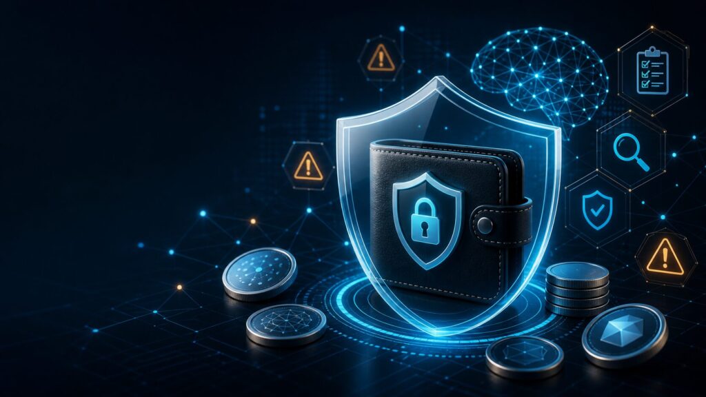 Illustration of a secure digital wallet protected from AI crypto token scams and investment fraud risks