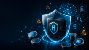 Illustration of a secure digital wallet protected from AI crypto token scams and investment fraud risks