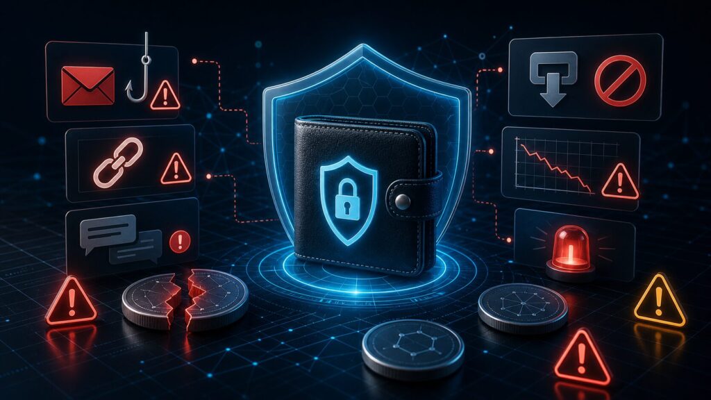 AI Crypto Tokens: Risks, Scams, and What to Check Before Investing 3 Illustration of AI crypto scam warning signs around a protected digital wallet