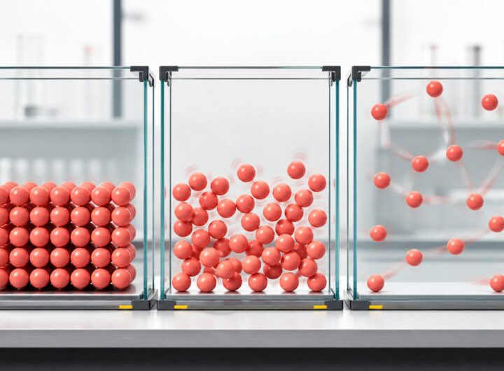 Particle Theory of Matter: Solids, Liquids, Gases, and Core Ideas 8 Three chambers showing tightly packed solid particles close liquid particles and widely spaced gas particles
