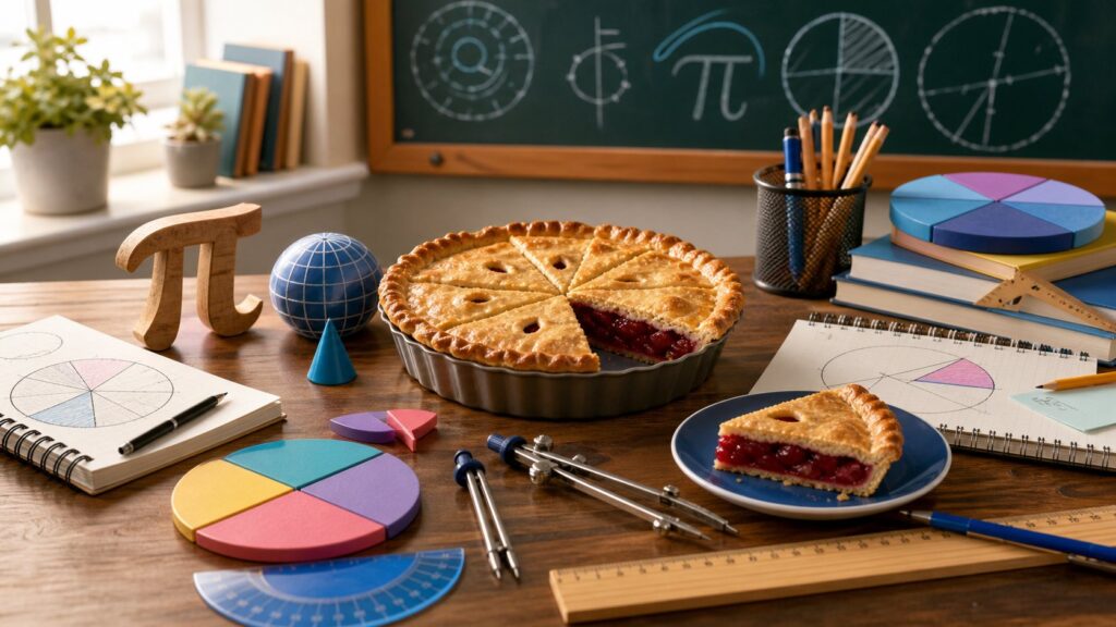 Pi Day Explained: Why 3.14 Became a Celebration of Mathematics 1 Mathematics classroom scene with circular geometry pie slices and pi-inspired learning materials