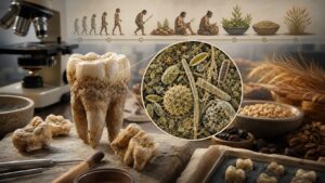 Illustration of ancient teeth, dental plaque microfossils, and diet evidence under a microscope