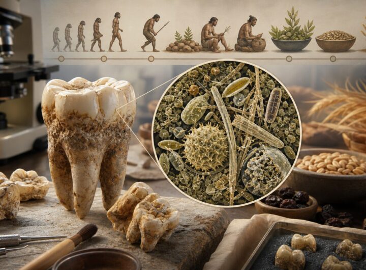 Ancient Dental Plaque: What Teeth Reveal About Human Diets and Microbiomes 3 Illustration of ancient teeth, dental plaque microfossils, and diet evidence under a microscope