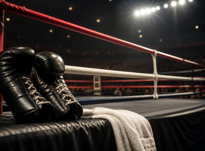 Vintage black boxing gloves resting on a professional ring corner under arena lights