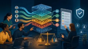 Illustration of people reviewing AI model layers with fairness, safety, and governance checkpoints