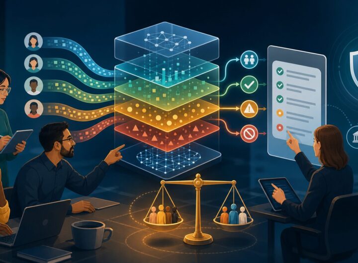 Illustration of people reviewing AI model layers with fairness, safety, and governance checkpoints