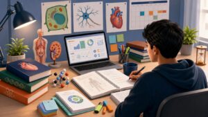 Illustration of a student preparing for the NEET medical entrance exam with biology, chemistry, physics, and revision materials
