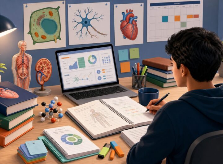 Illustration of a student preparing for the NEET medical entrance exam with biology, chemistry, physics, and revision materials