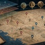 Illustration of a layered digital history map with ancient routes, data points, and timeline arcs