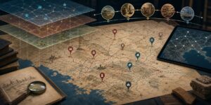 Illustration of a layered digital history map with ancient routes, data points, and timeline arcs