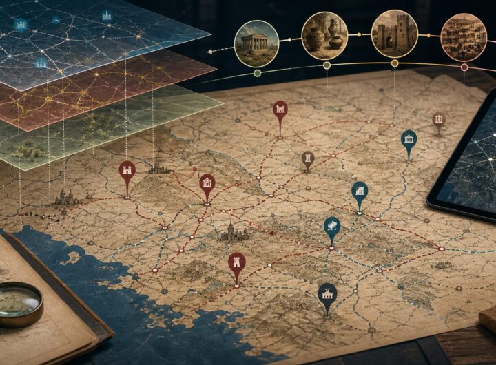 Illustration of a layered digital history map with ancient routes, data points, and timeline arcs
