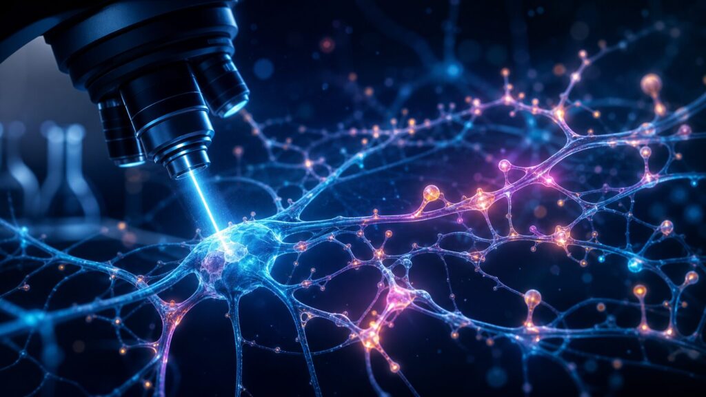 MIT Brain Imaging: mosTF Microscopy and Neural Circuit Research Explained 1 Illustration of a microscope scanning a glowing neural circuit with synapse connections