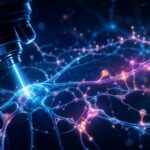Illustration of a microscope scanning a glowing neural circuit with synapse connections