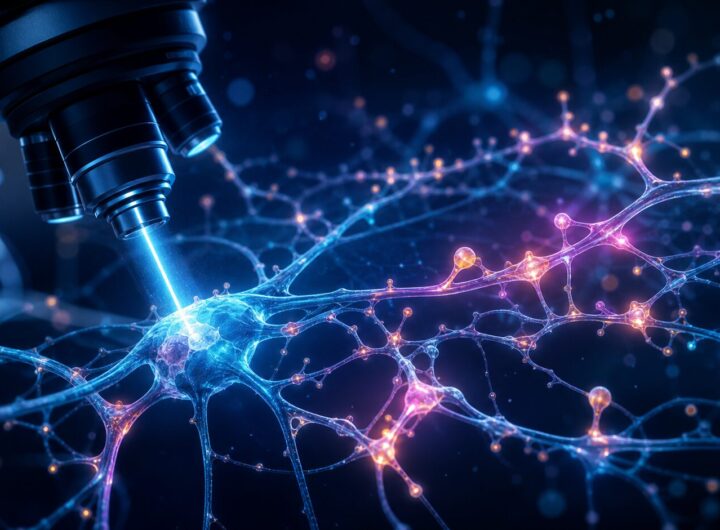 MIT Brain Imaging: mosTF Microscopy and Neural Circuit Research Explained 11 Illustration of a microscope scanning a glowing neural circuit with synapse connections