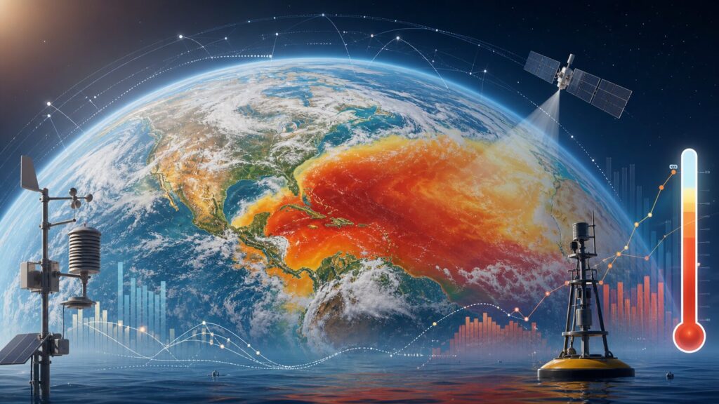 Illustration of Earth with climate monitoring satellites, ocean heat patterns, and weather instruments