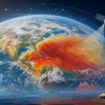 Illustration of Earth with climate monitoring satellites, ocean heat patterns, and weather instruments