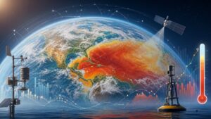 Illustration of Earth with climate monitoring satellites, ocean heat patterns, and weather instruments