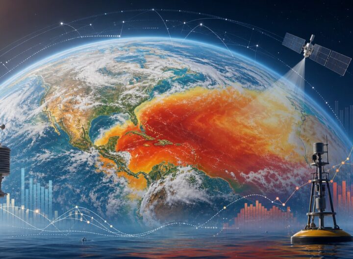 Illustration of Earth with climate monitoring satellites, ocean heat patterns, and weather instruments